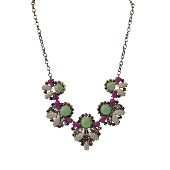 J. CREW COSTUME STATEMENT NECKLACE GREEN PURPLE GOLD RHINESTONES Bold Chunky - Picture 1 of 7